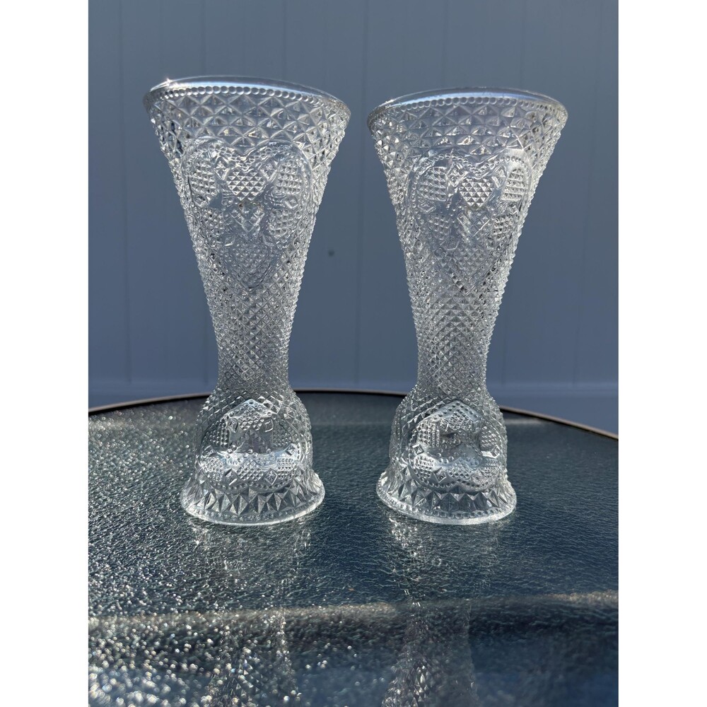 Vintage Avon Fostoria Clear Glass Reversible Candlestick Holder Vase Set Hearts